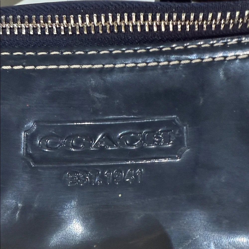 Coach Beige and Patent Dark Navy Shoulder Bag